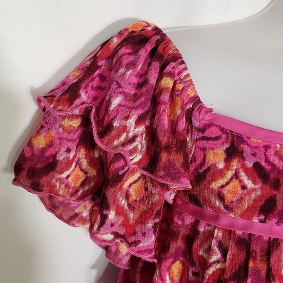 Notations Top Womens Large Floral Pink Orange Pullover Square Neck Short Flutter - Picture 5 of 10